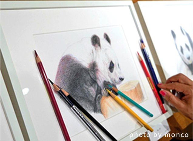 パンダの絵画と色鉛筆。作者の手元も写っている